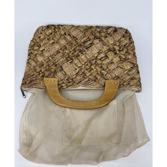 Vintage Woven Straw Raffia Handbag Wooden Handles Boho Tote Purse 70s 80s - Picture 8 of 11